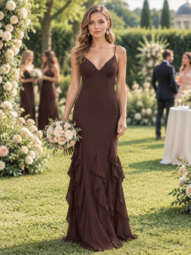Front view of a chocolate brown chiffon floor-length bridesmaid dress featuring delicate spaghetti straps, a feminine V-neckline, softly gathered bust, fitted mermaid silhouette, and cascading layered ruffles through the lower skirt.