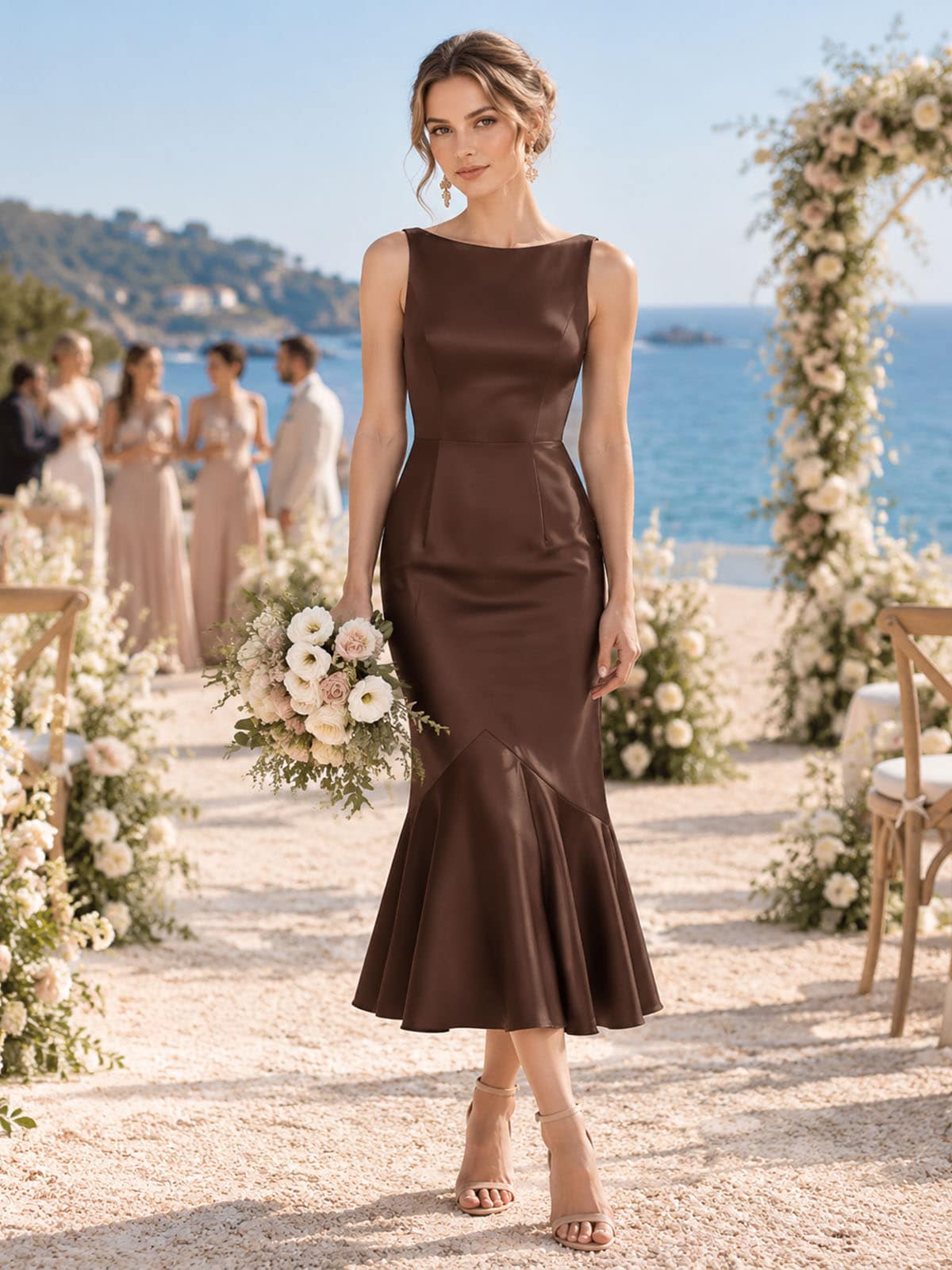 Front view of a brown imitation silk bridesmaid dress featuring a clean bateau neckline, sleeveless fitted bodice, sculpted mermaid silhouette, smooth satin-like finish, and softly flared midi hem.