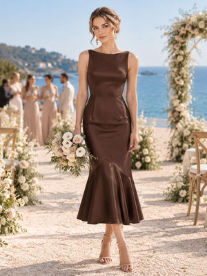 Front view of a brown imitation silk bridesmaid dress featuring a clean bateau neckline, sleeveless fitted bodice, sculpted mermaid silhouette, smooth satin-like finish, and softly flared midi hem.
