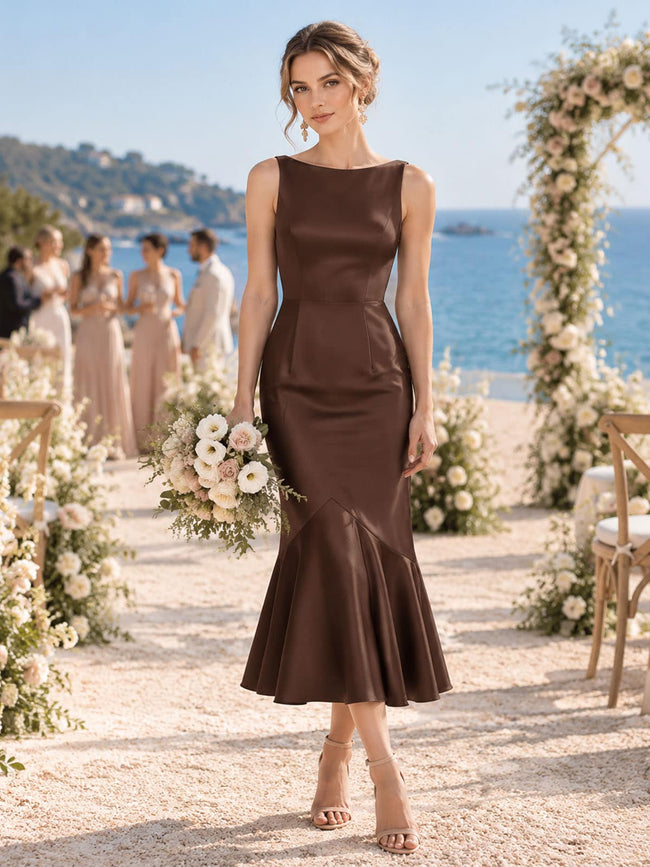 Front view of a brown imitation silk bridesmaid dress featuring a clean bateau neckline, sleeveless fitted bodice, sculpted mermaid silhouette, smooth satin-like finish, and softly flared midi hem.