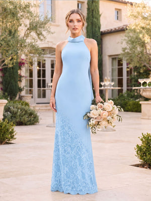 Front view of a sky blue chiffon floor-length bridesmaid dress featuring a high halter neckline, sleeveless fitted sheath silhouette, tonal lace panel along the lower skirt, and an elegant flowing hem.