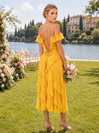 Back view of a marigold chiffon bridesmaid dress featuring an off-the-shoulder ruffled neckline, open lace-up corset back, fitted waist, cascading chiffon ruffles, and flowing ankle-length A-line skirt.