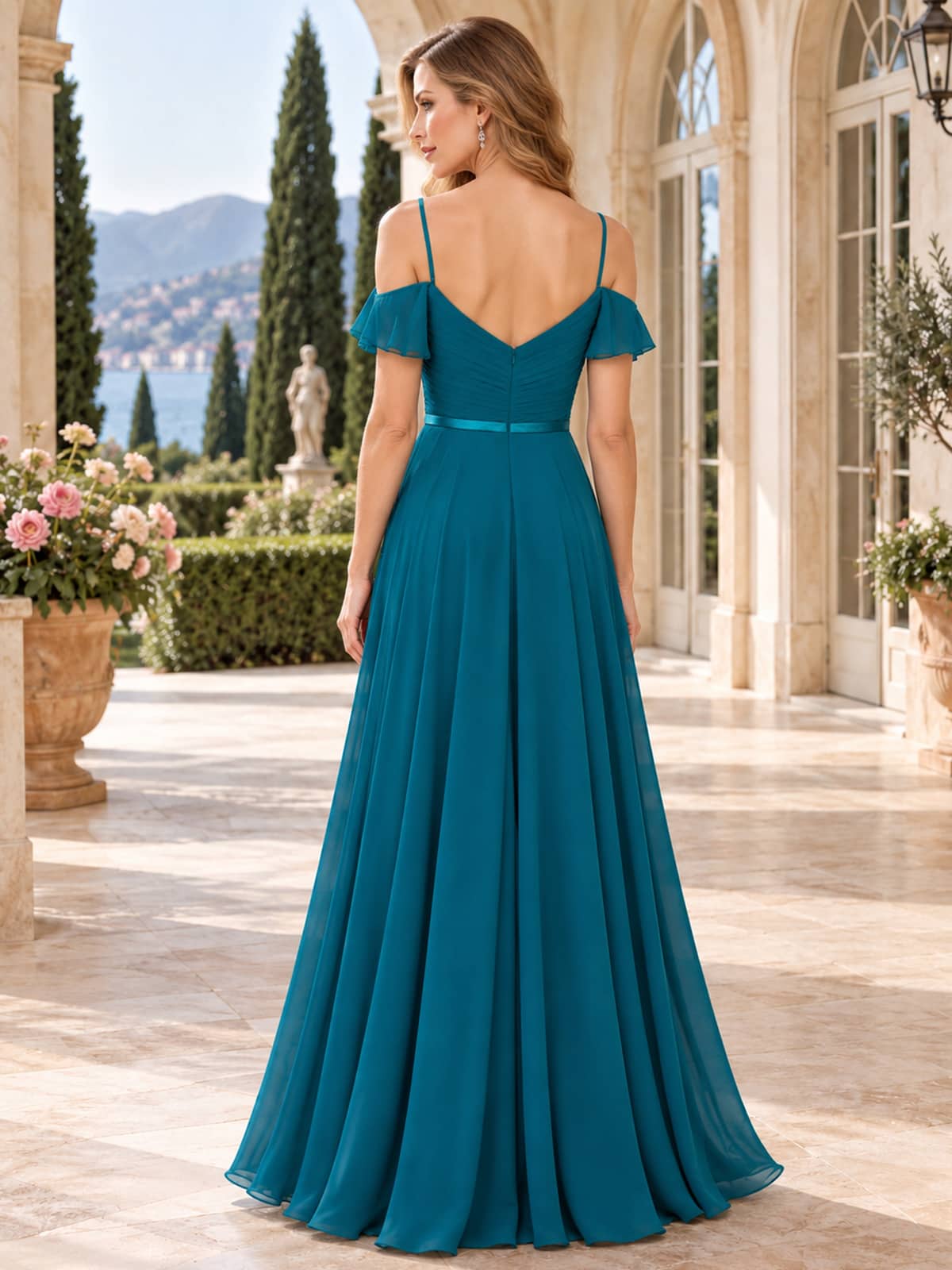 Back view of VET-BMD-0140 chiffon bridesmaid dress with V-back, flutter sleeves and floor-length A-line skirt.