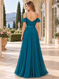 Back view of VET-BMD-0140 chiffon bridesmaid dress with V-back, flutter sleeves and floor-length A-line skirt.