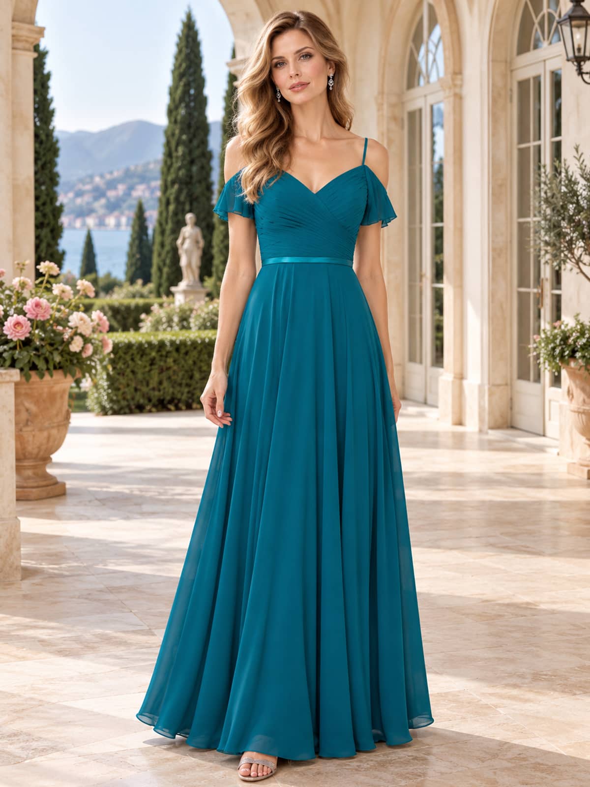Front view of VET-BMD-0140 chiffon A-line bridesmaid dress with V-neck, spaghetti straps and off-shoulder flutter sleeves.