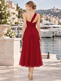 Back view of VET-BMD-0141 chiffon bridesmaid dress with asymmetrical one-shoulder design, fitted bodice and concealed back zipper.