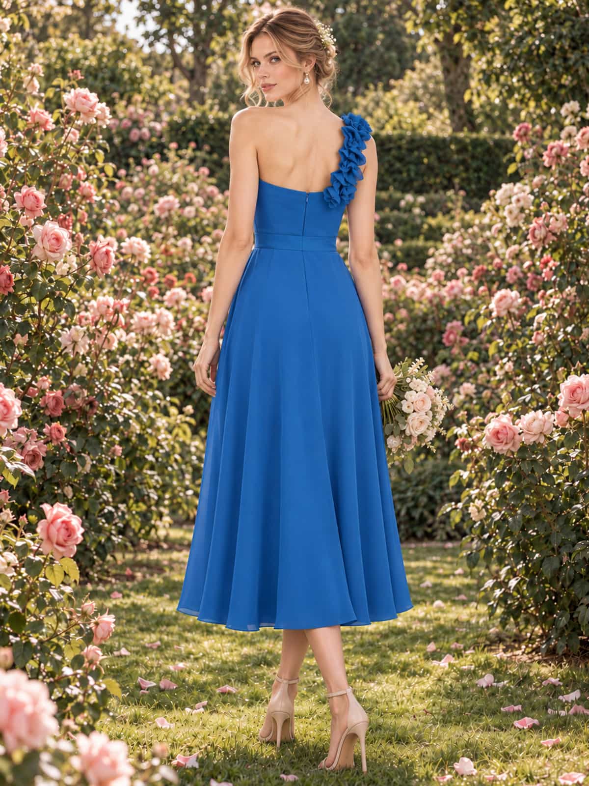 Back view of VET-BMD-0142 chiffon bridesmaid dress with asymmetrical one-shoulder design, fitted bodice and concealed back zipper.
