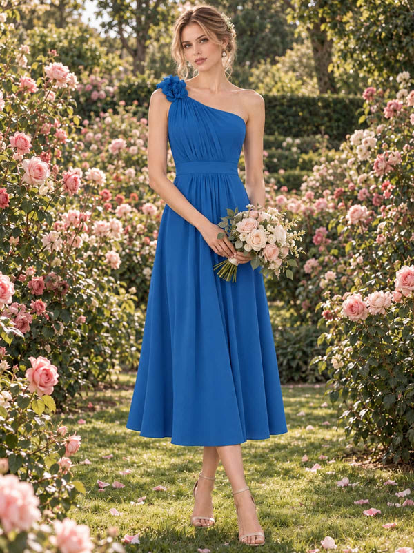 Front view of VET-BMD-0142 chiffon A-line bridesmaid dress with one-shoulder neckline, floral shoulder detail and ruched bodice.