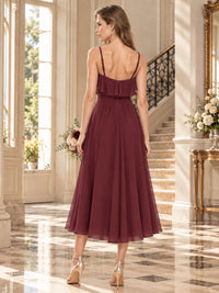 Chiffon A-Line V-Neck Midi Bridesmaid Dress with Ruffle Details and Beaded Floral Applique (VET-BMD-0147)