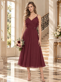 Chiffon A-Line V-Neck Midi Bridesmaid Dress with Ruffle Details and Beaded Floral Applique (VET-BMD-0147)