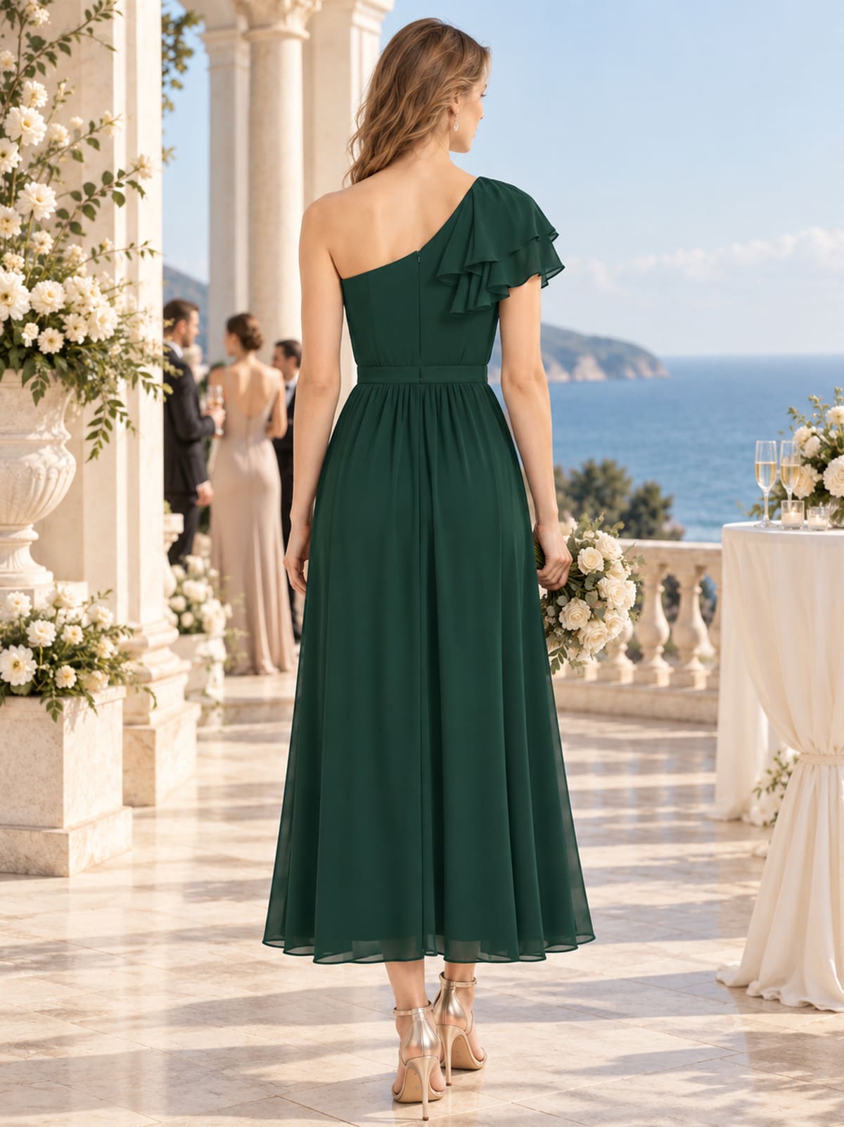 Dark green chiffon one-shoulder midi bridesmaid dress with defined waist and concealed center-back zipper, back view.