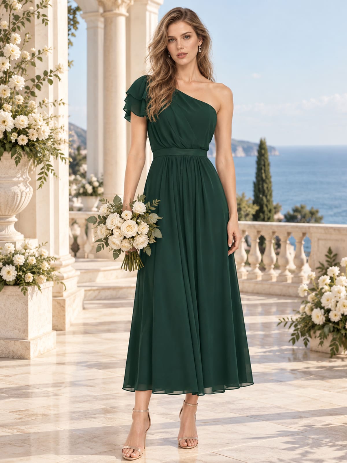 Dark green chiffon one-shoulder midi bridesmaid dress with layered ruffle shoulder and ruched bodice, front view.