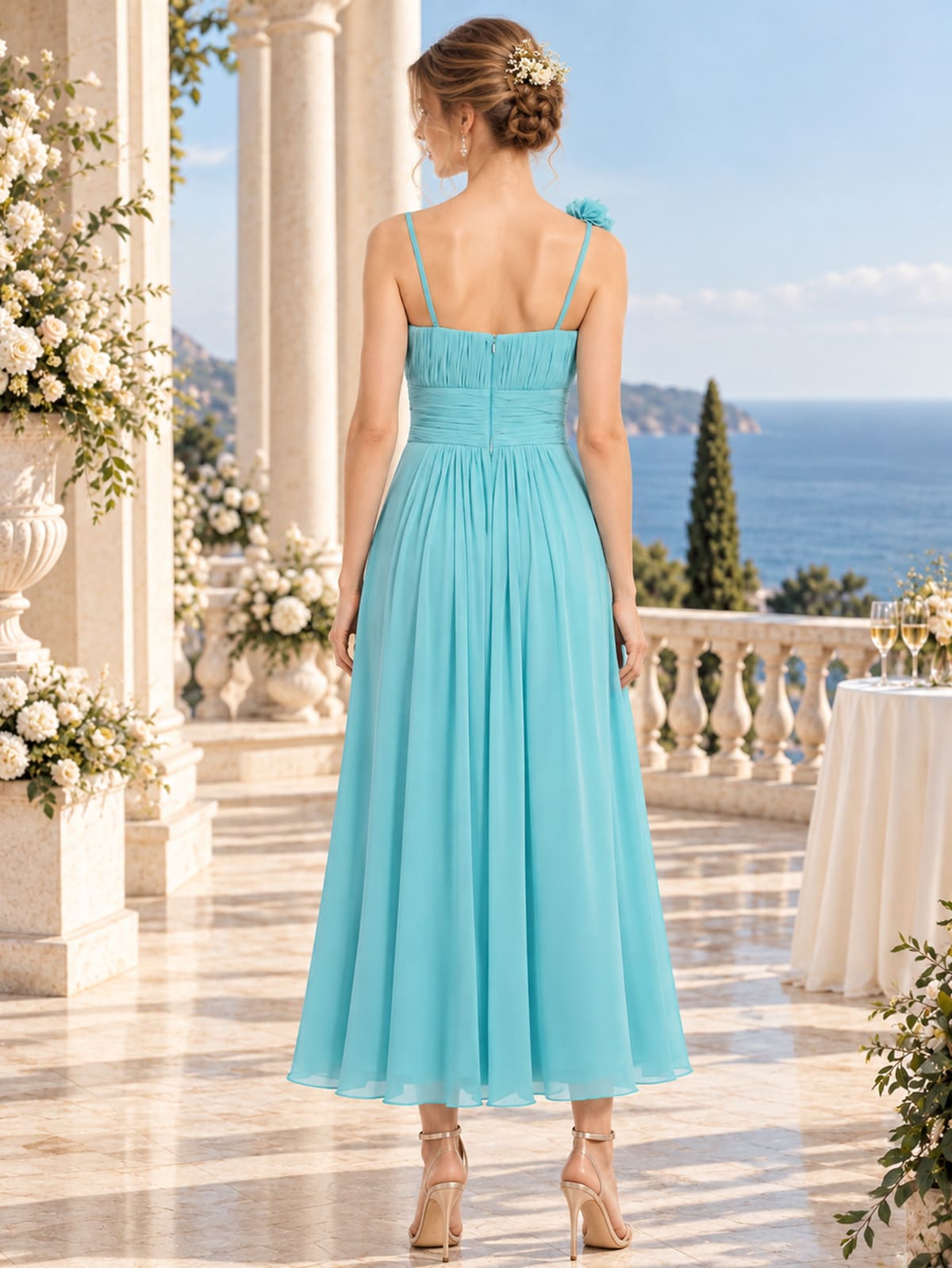 Aqua chiffon midi bridesmaid dress with spaghetti straps, ruched waist and concealed back zipper, back view.