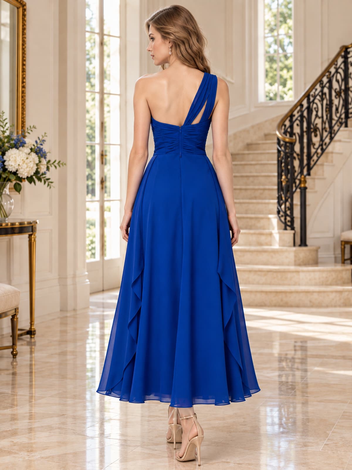 Chiffon A-Line One-Shoulder Midi Bridesmaid Dress with Cascading Ruffles and Ruched Bodice (VET-BMD-0151)