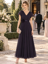 Plum chiffon V-neck ankle-length bridesmaid dress with flutter sleeves and floral waist detail, front view