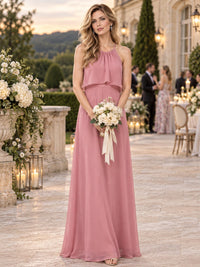 Dusty rose chiffon halter floor-length bridesmaid dress with gathered overlay bodice, front view.