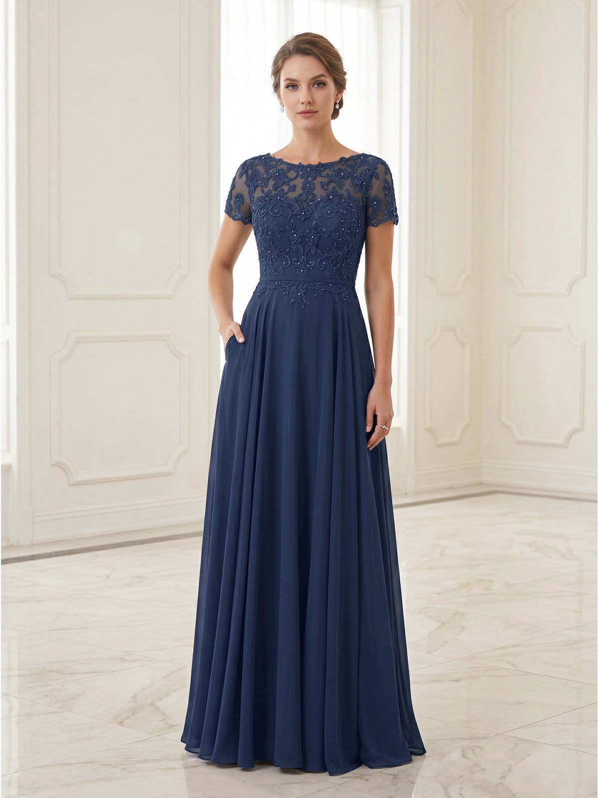 Vetalise Elegant Lace Short Sleeve Mother of the Bride Dress with Pockets - Azure
