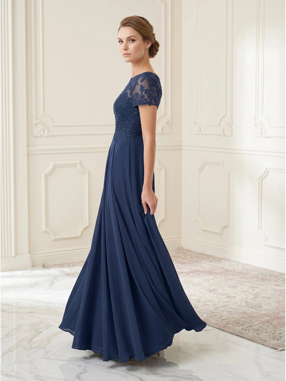 Vetalise Elegant Lace Short Sleeve Mother of the Bride Dress with Pockets - Azure