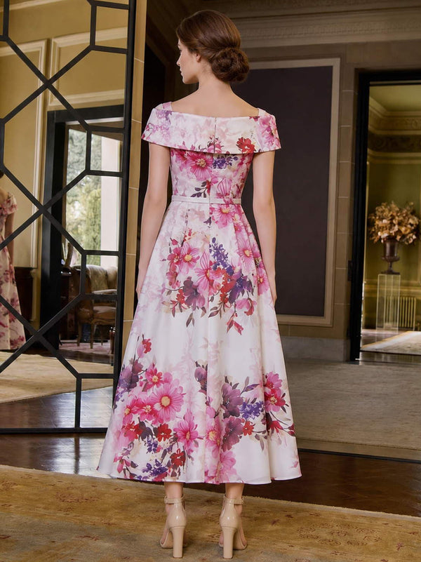 Floral print A-line off-shoulder tea-length evening dress back view with defined waist and concealed zipper
