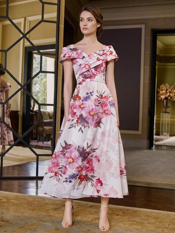 Floral print A-line off-shoulder tea-length evening dress front view with fold-over V-neckline
