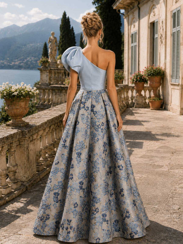 Floral jacquard A-line one-shoulder floor-length evening dress back view with structured bodice and concealed zipper