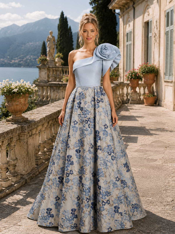 Floral jacquard A-line one-shoulder floor-length evening dress front view with oversized rose applique