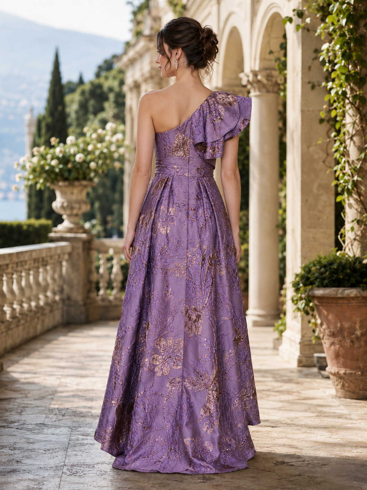 Floral jacquard A-line one-shoulder high-low evening dress back view with pleated skirt and concealed zipper