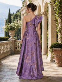Floral jacquard A-line one-shoulder high-low evening dress back view with pleated skirt and concealed zipper