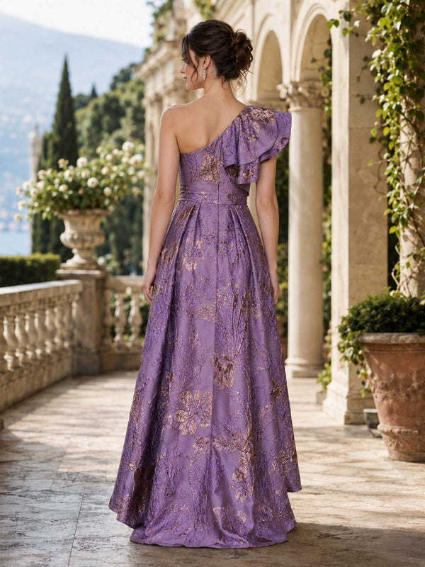 Floral jacquard A-line one-shoulder high-low evening dress back view with pleated skirt and concealed zipper