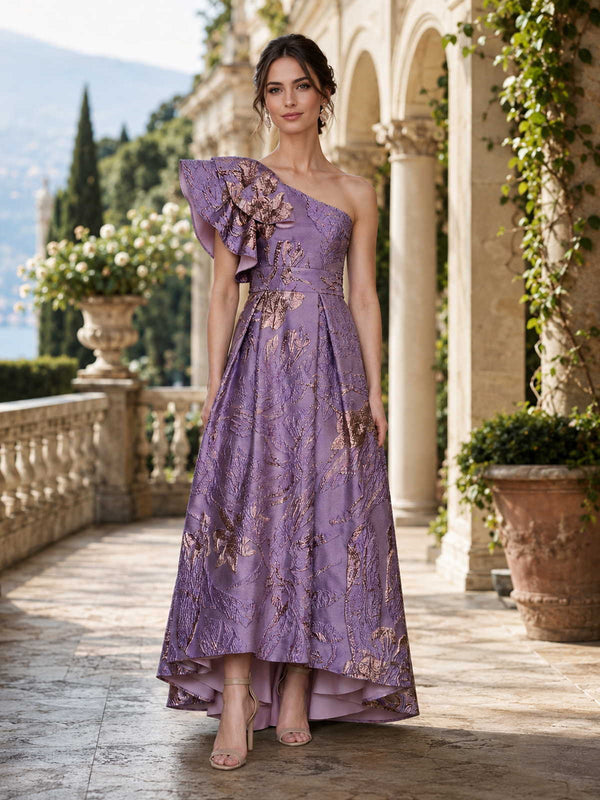 Floral jacquard A-line one-shoulder high-low evening dress front view with sculptural ruffle and flower applique