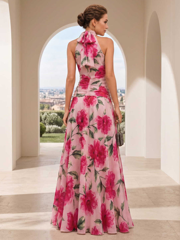 Floral chiffon A-line halter-neck floor-length evening dress back view with neck bow tie and ruched waist