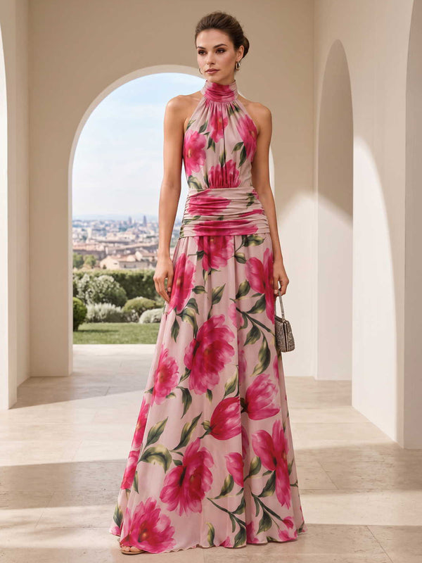 Floral chiffon A-line halter-neck floor-length evening dress front view with ruched waist