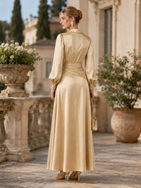 Champagne faux silk A-line floor-length evening dress back view with long sleeves and concealed zipper