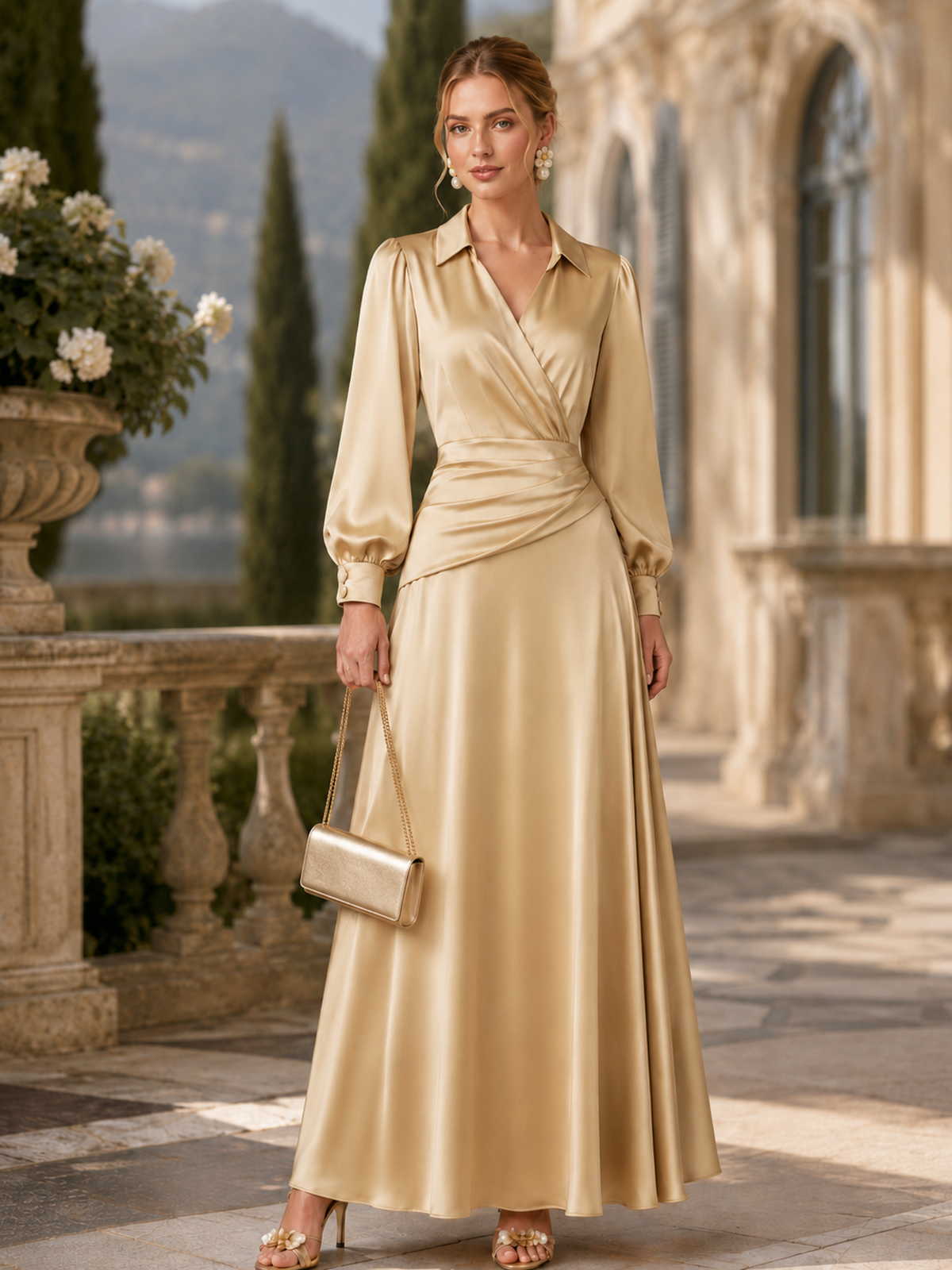Champagne faux silk A-line V-neck floor-length evening dress front view with long sleeves and ruched waist
