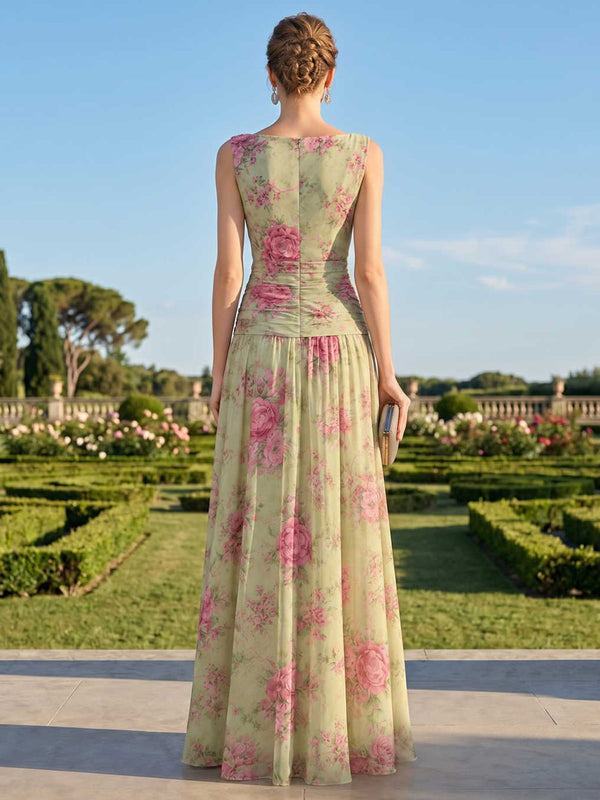 Floral chiffon A-line bateau-neck floor-length evening dress back view with concealed zipper
