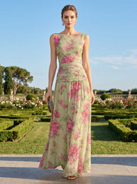 Floral chiffon A-line bateau-neck floor-length evening dress front view with ruched waist