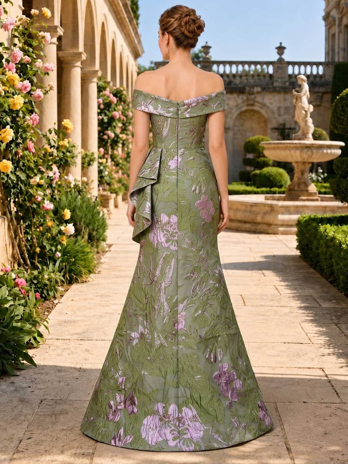 Floral jacquard mermaid off-shoulder floor-length evening dress back view with side drape and concealed zipper