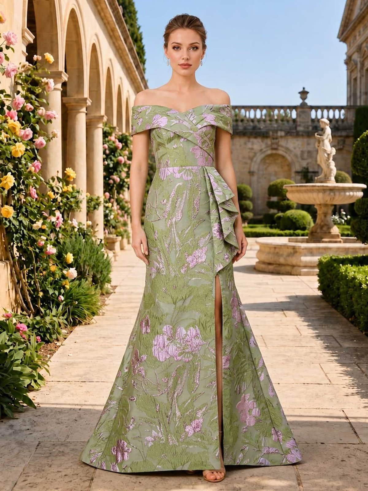 Floral jacquard mermaid off-shoulder floor-length evening dress front view with draped ruffle and slit