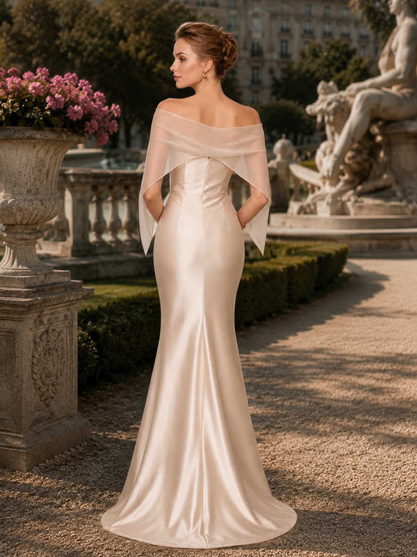 Faux silk mermaid straight-neck floor-length evening dress back view with sheer cape and concealed zipper