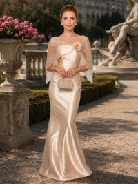 Faux silk mermaid straight-neck floor-length evening dress front view with sheer cape and floral applique