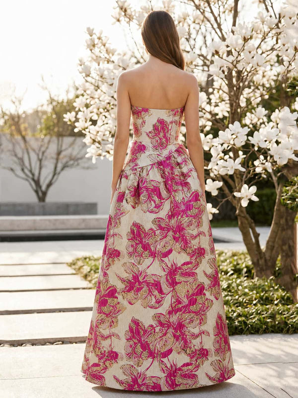 Floral jacquard A-line straight-neck floor-length evening dress back view with concealed zipper
