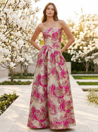 Floral jacquard A-line straight-neck floor-length evening dress front view with pleated full skirt