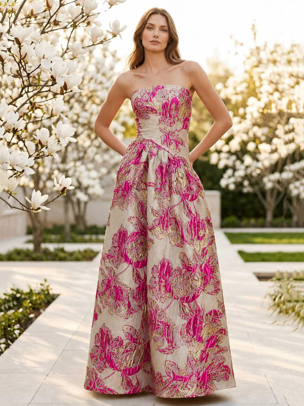 Floral jacquard A-line straight-neck floor-length evening dress front view with pleated full skirt