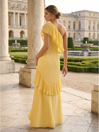 Chiffon A-line one-shoulder floor-length evening dress back view with layered pleated ruffles