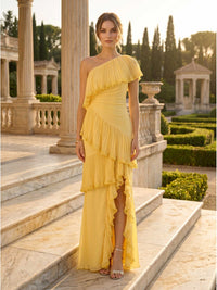 Chiffon A-line one-shoulder floor-length evening dress front view with pleated ruffles and front slit