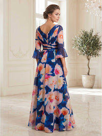 Floral chiffon A-line V-neck floor-length evening dress back view with bell sleeves and ruched waistband