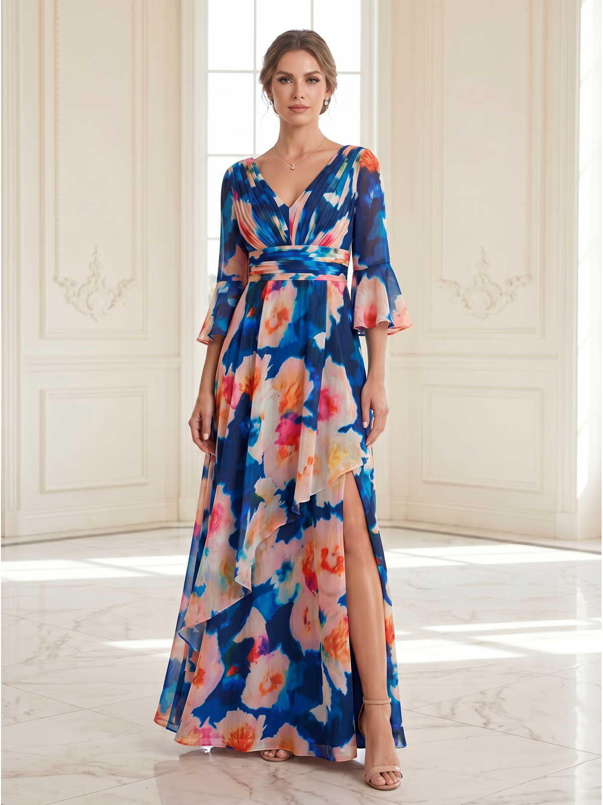 Floral chiffon A-line V-neck floor-length evening dress front view with layered ruffle and front slit