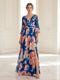 Floral chiffon A-line V-neck floor-length evening dress front view with layered ruffle and front slit