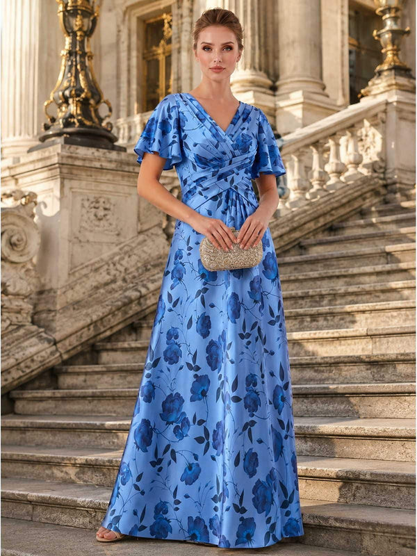 Floral faux silk A-line V-neck floor-length evening dress front view with ruched wrap bodice and flutter sleeves