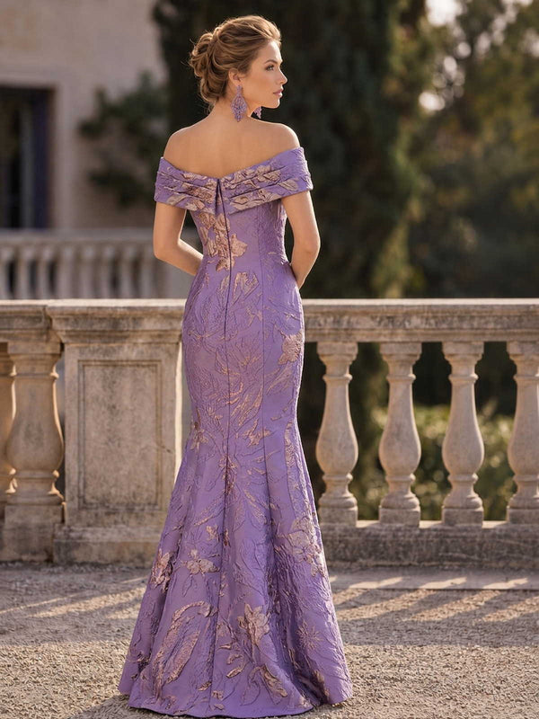 Floral jacquard mermaid off-shoulder floor-length evening dress back view with folded neckline and concealed zipper